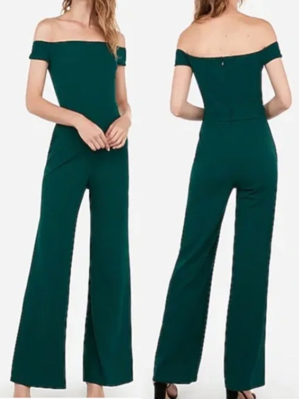 Express Off-The-Shoulder Wide Leg Jumpsuit in Green XS